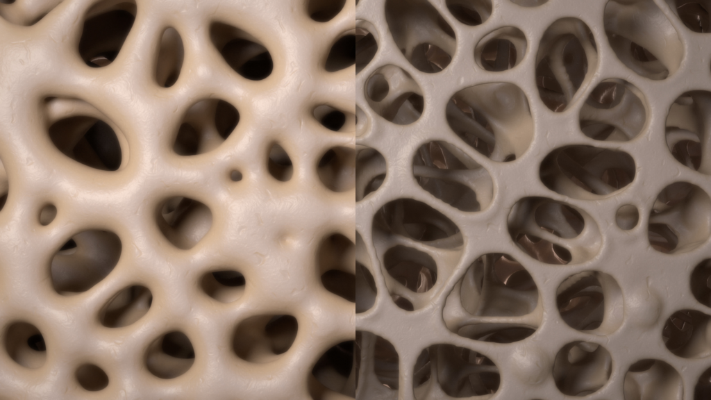 Side by side up-close of models showing normal bone density and osteoporitic bone with bigger holes and less dense structure